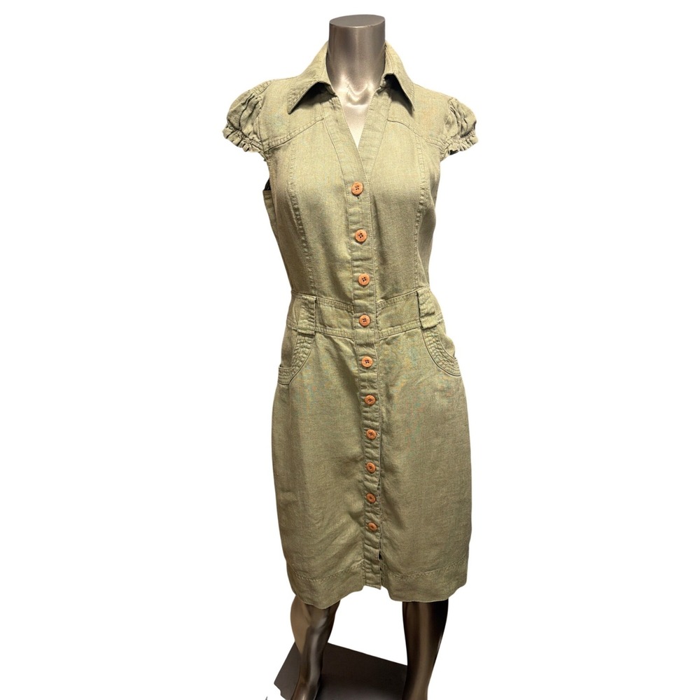 Classic vintage linen Button-Front Midi Dress in Olive Green